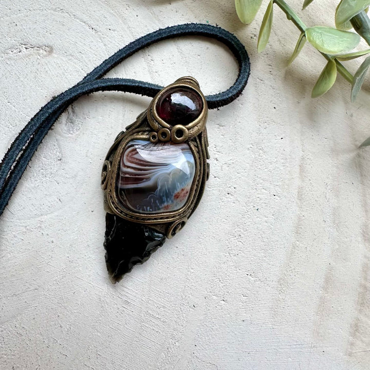 Obsidian arrowhead agate and garnet healing crystal necklace