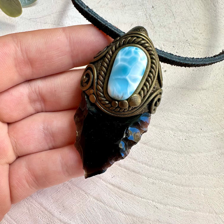 Healing crystal necklace with larimar and obsidian