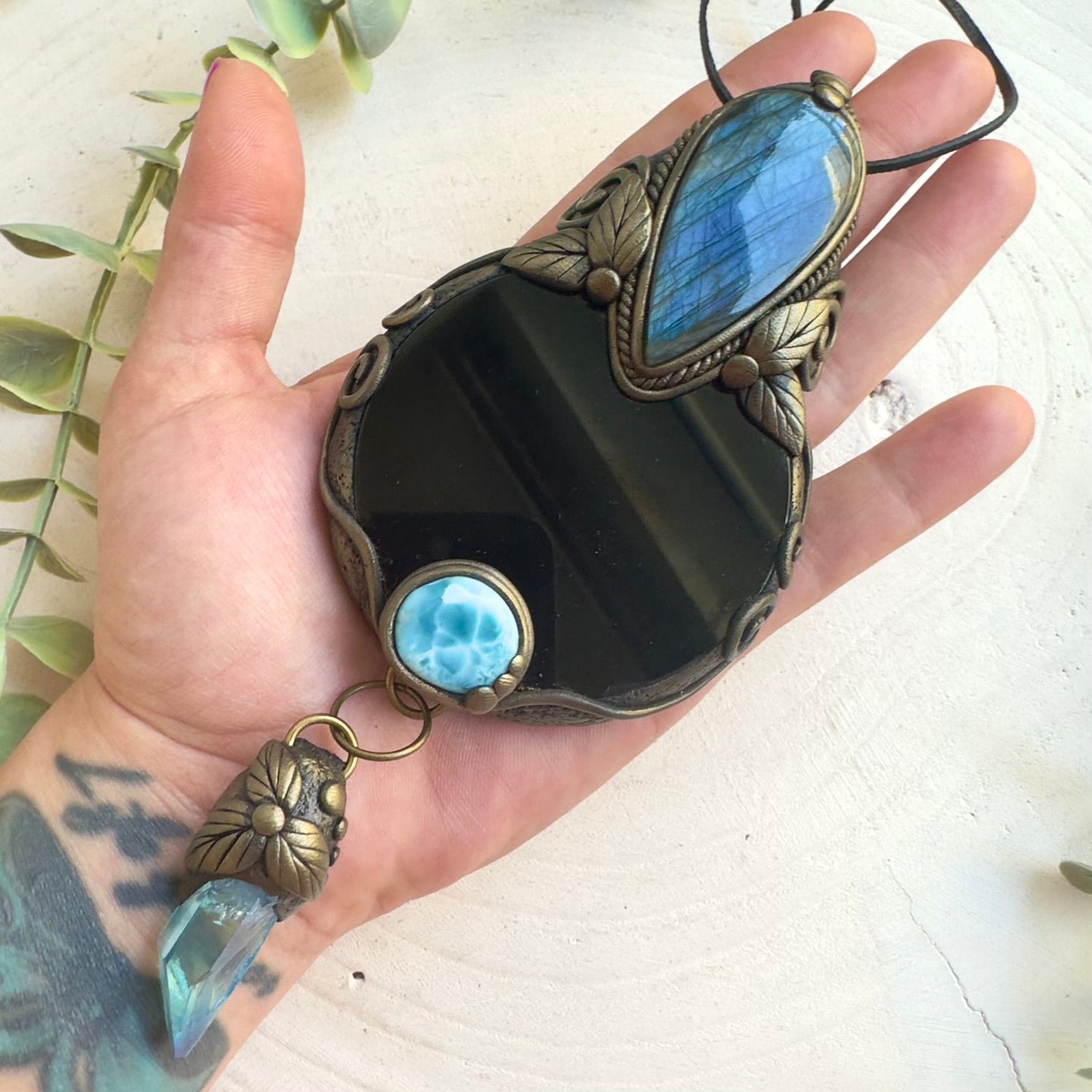 One of a kind crystal wall decor with Obsidian and Labradorite