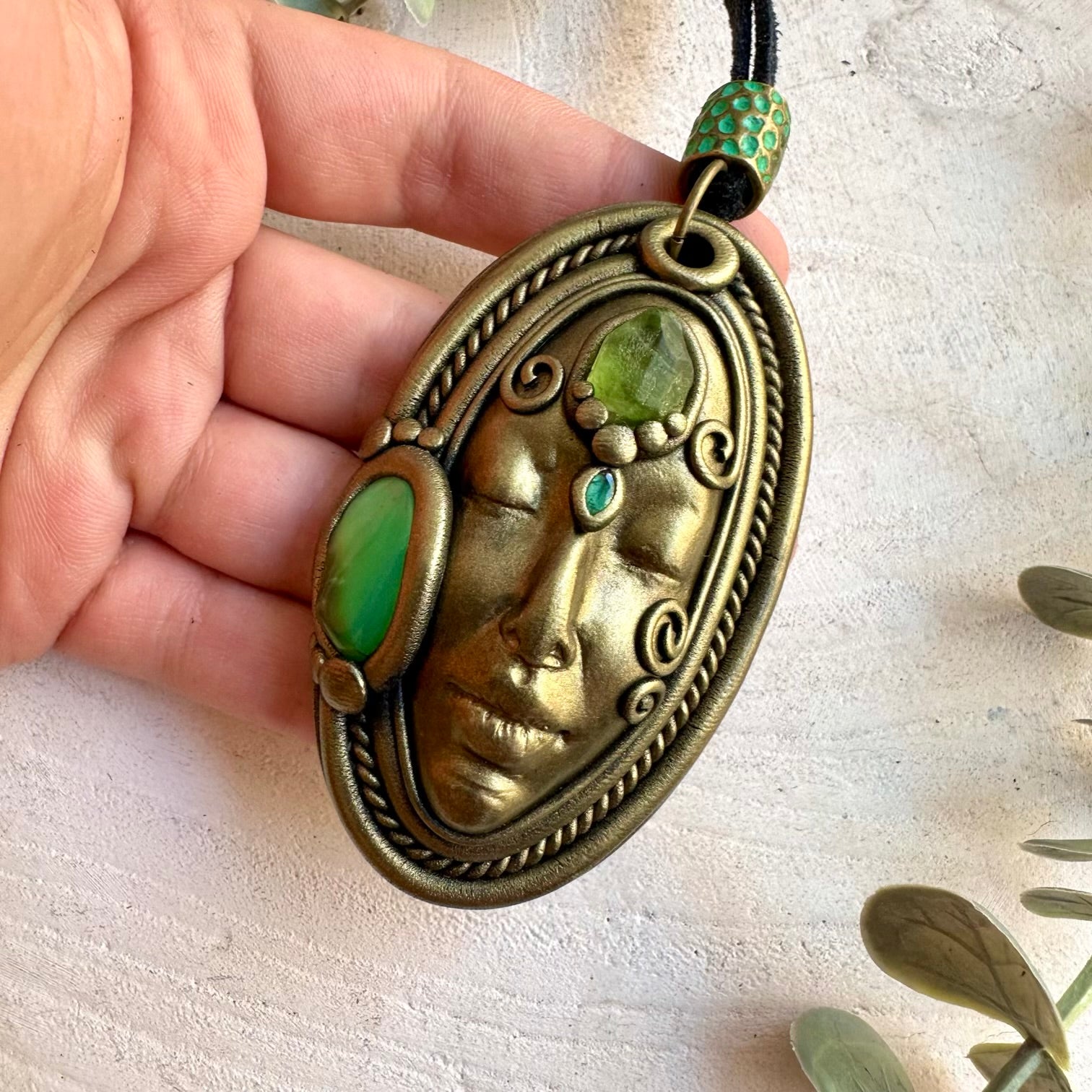 Handmade Chrysoprase Goddess necklace featuring Raw Peridot and Emerald, a one of a kind spiritual energy healing pendant crafted with genuine natural green gemstones.
