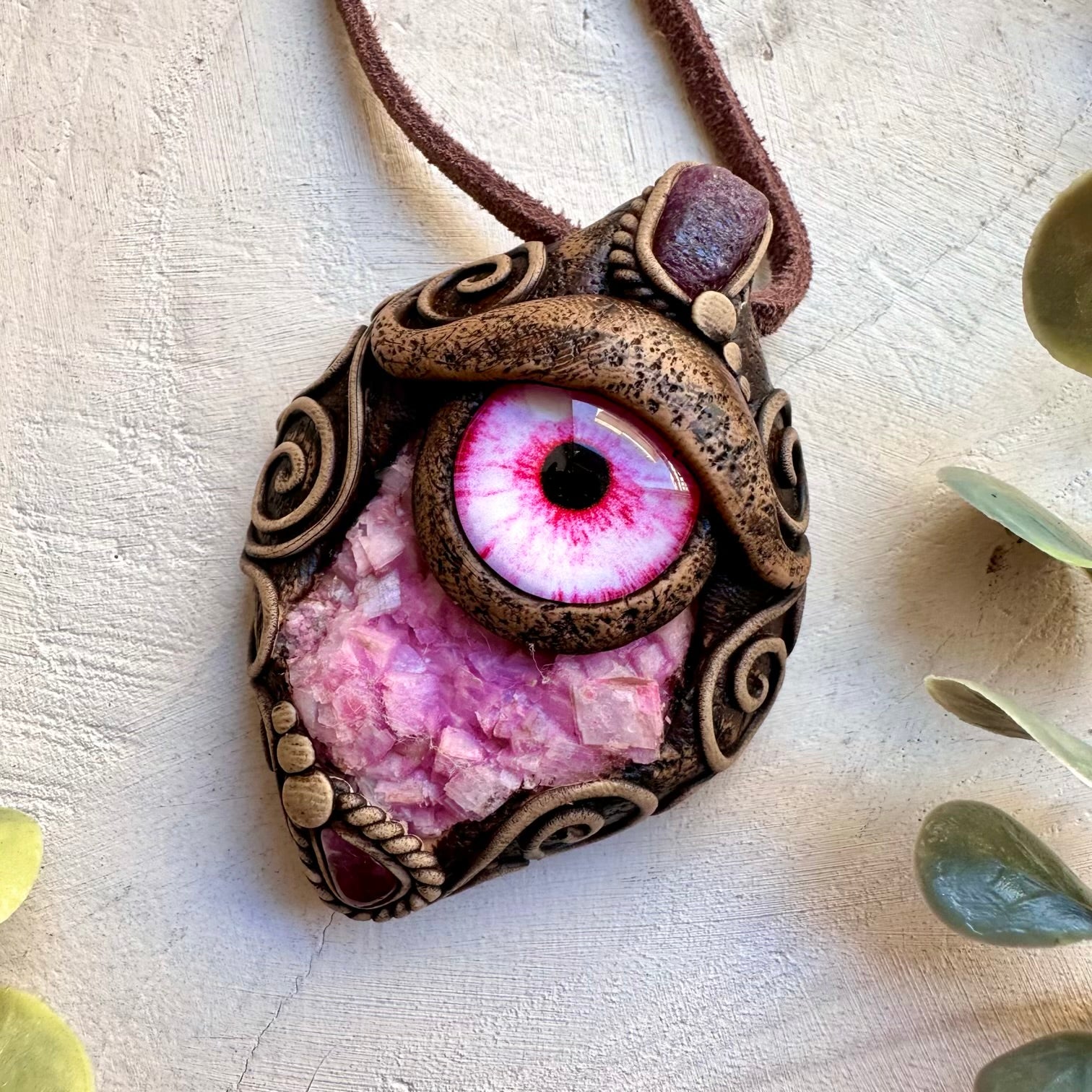 Healing crystal pendant necklace with pink calcite and tourmaline