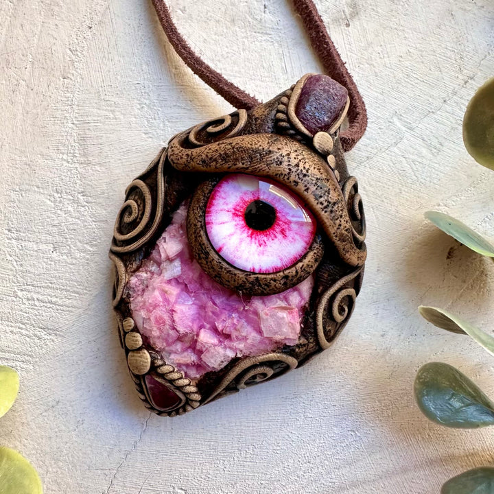 Healing crystal pendant necklace with pink calcite and tourmaline