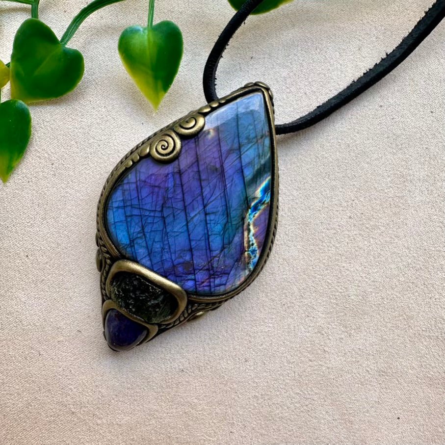 Gorgeous Large Purple Labradorite with Moldavite and Tanzanite Pendant Necklace, Handmade Spiritual Jewelry - FairyGardenGlow