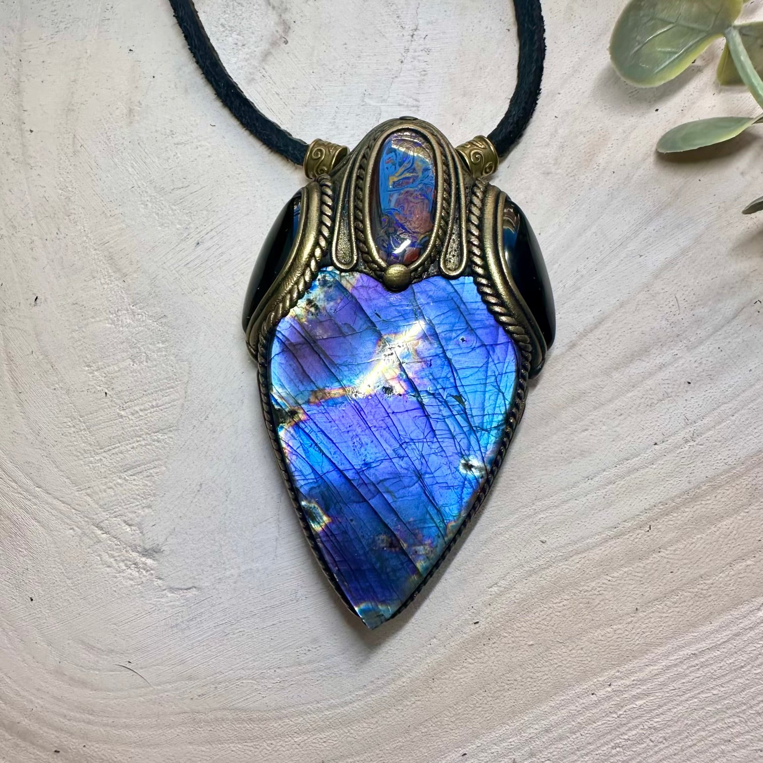 One of a kind gemstone pendant necklace with purple labradorite and opal
