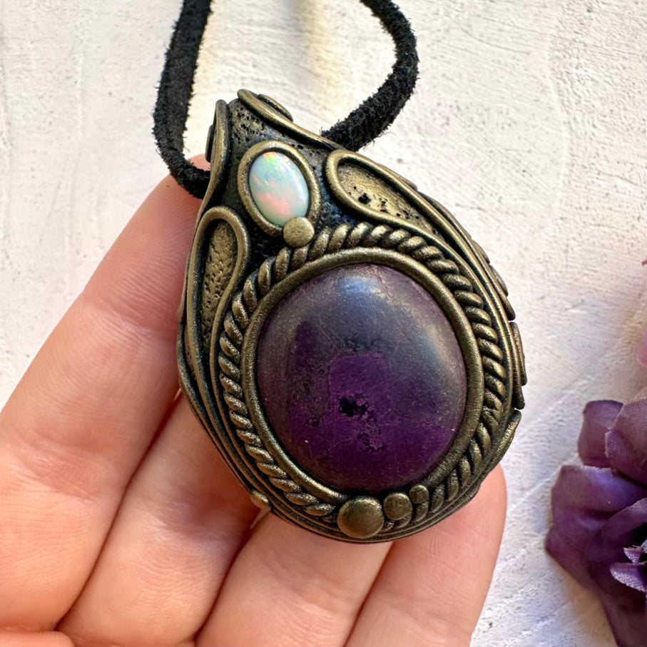 Ethically sourced raw-look Purpurite gemstone with luminous Australian Opal flash, handcrafted metaphysical energy necklace.