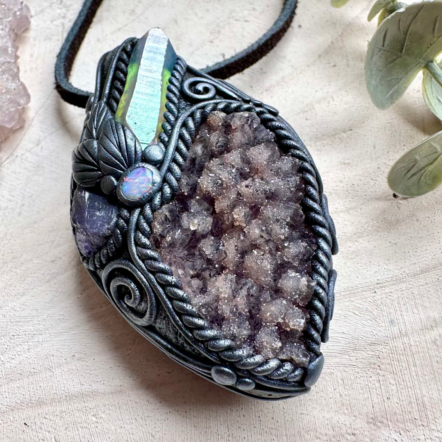 One of a kind quartz on amethyst gemstone necklace