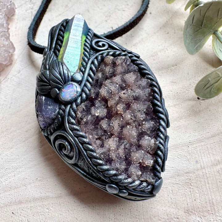 One of a kind quartz on amethyst gemstone necklace