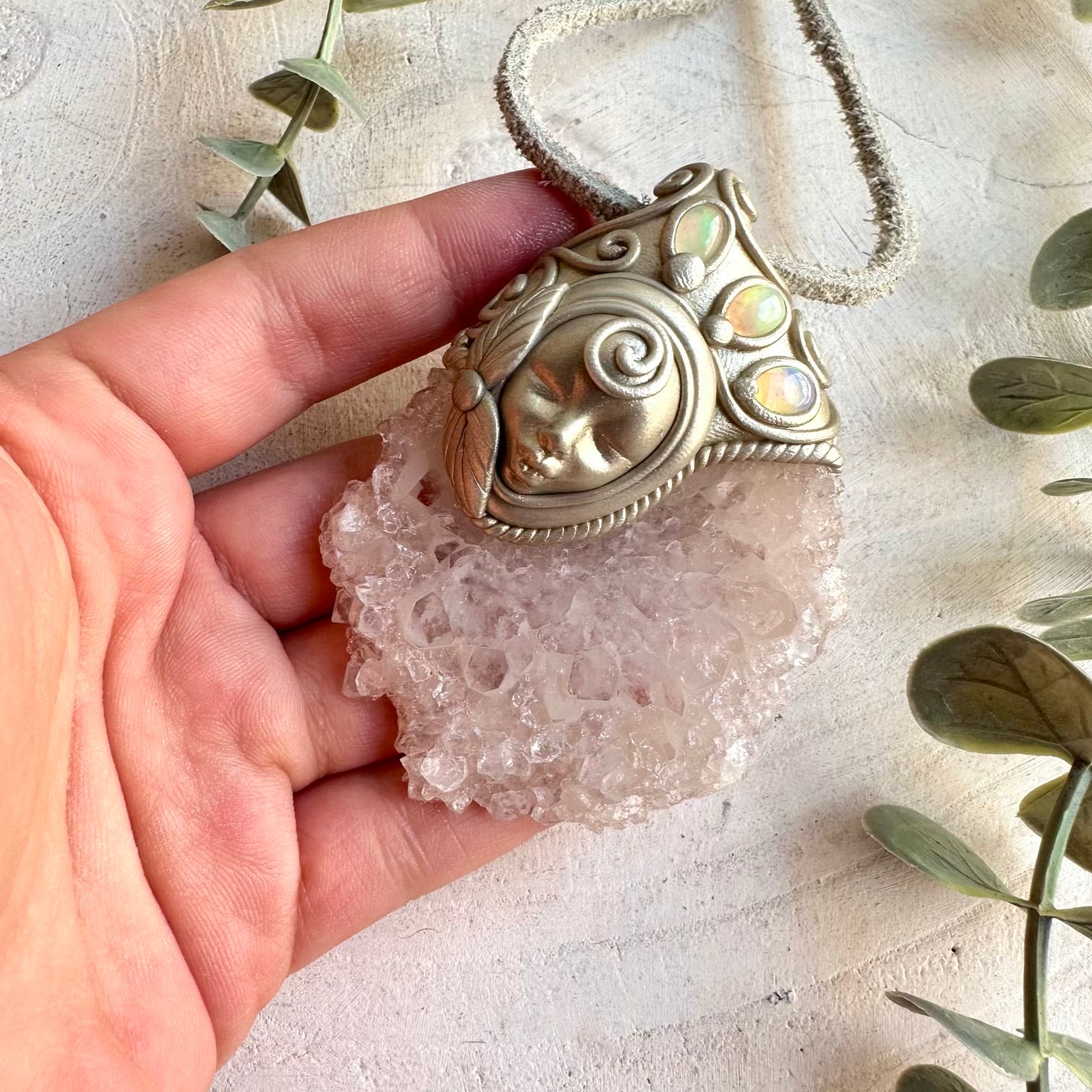 One of a kind crystal Goddess pendant with a natural Quartz Stalactite Slice and colorful Ethiopian Opal.