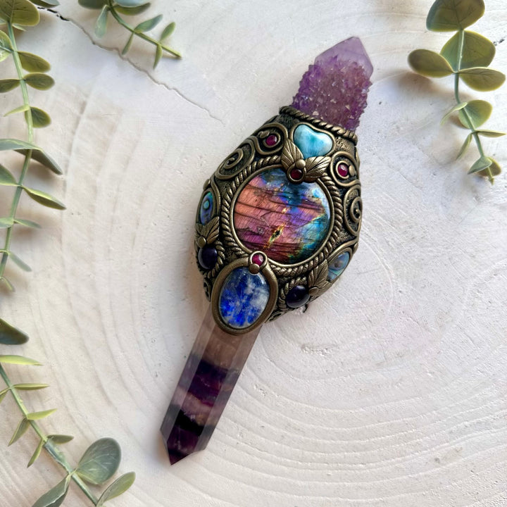 Altar tool healing crystal wand featuring Rainbow Fluorite, Spirit Quartz and genuine gemstones.