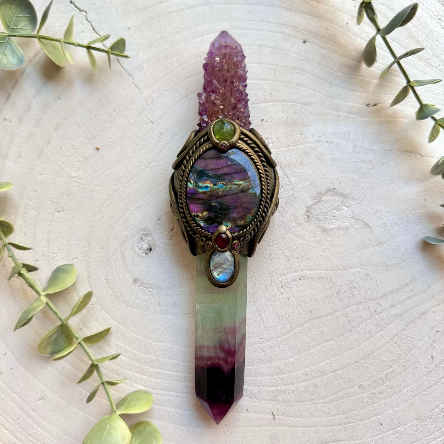 One of a kind healing wand handcrafted with Rainbow Fluorite, Rainbow Moonstone and natural gemstones.