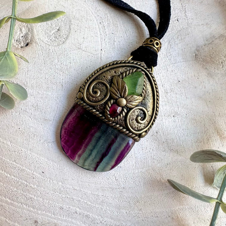 Rainbow Fluorite with Raw Peridot and Rhodolite Garnet pendant necklace, handcrafted with natural gemstones.