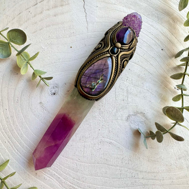 Artisan ritual wand made with Rainbow Fluorite, Spirit Quartz and natural healing crystals.