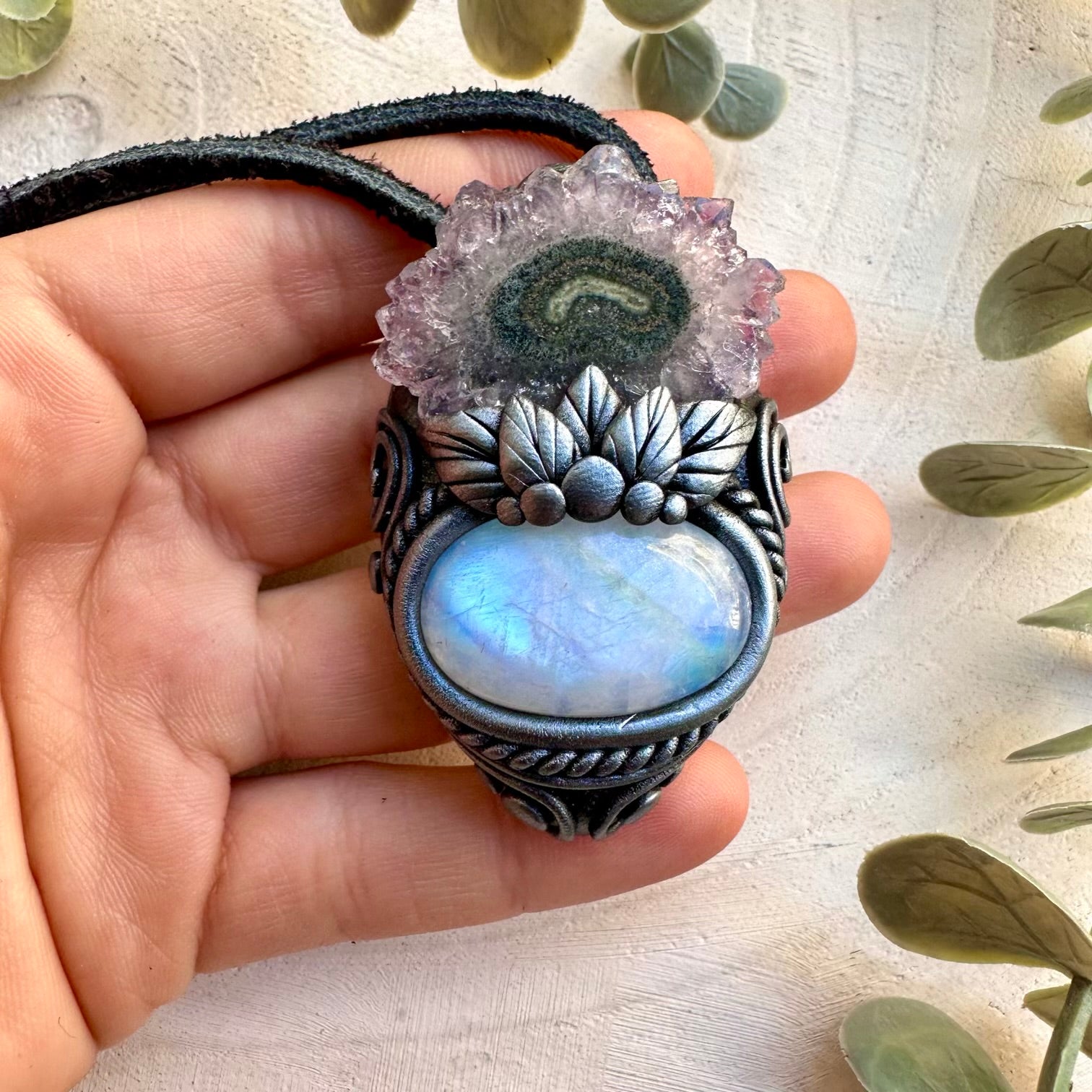 Natural rainbow moonstone paired with amethyst stalactite