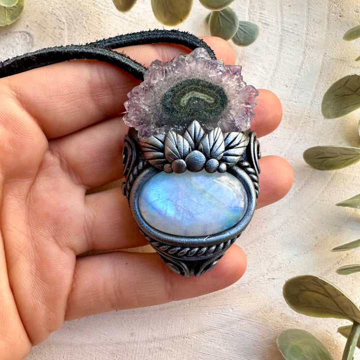 Natural rainbow moonstone paired with amethyst stalactite