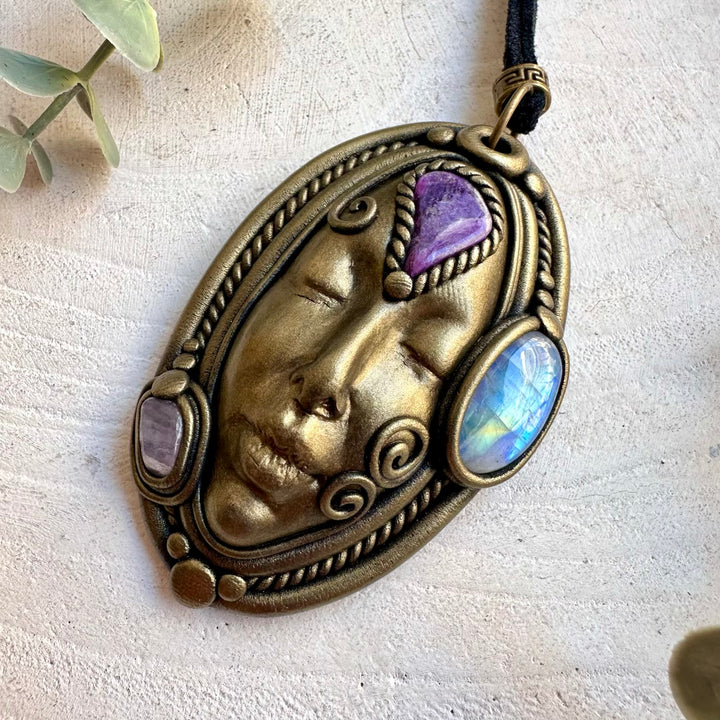 Unique Goddess jewelry featuring luminous Rainbow Moonstone with purple Charoite and pink Kunzite.