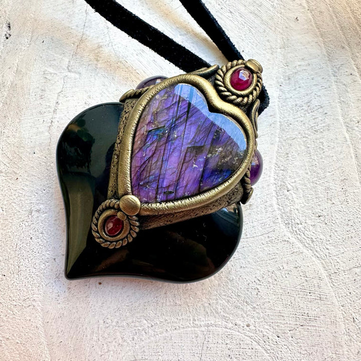 Witchy crystal pendant made with Rainbow Obsidian, Amethyst and Rhodolite Garnet natural gemstones.