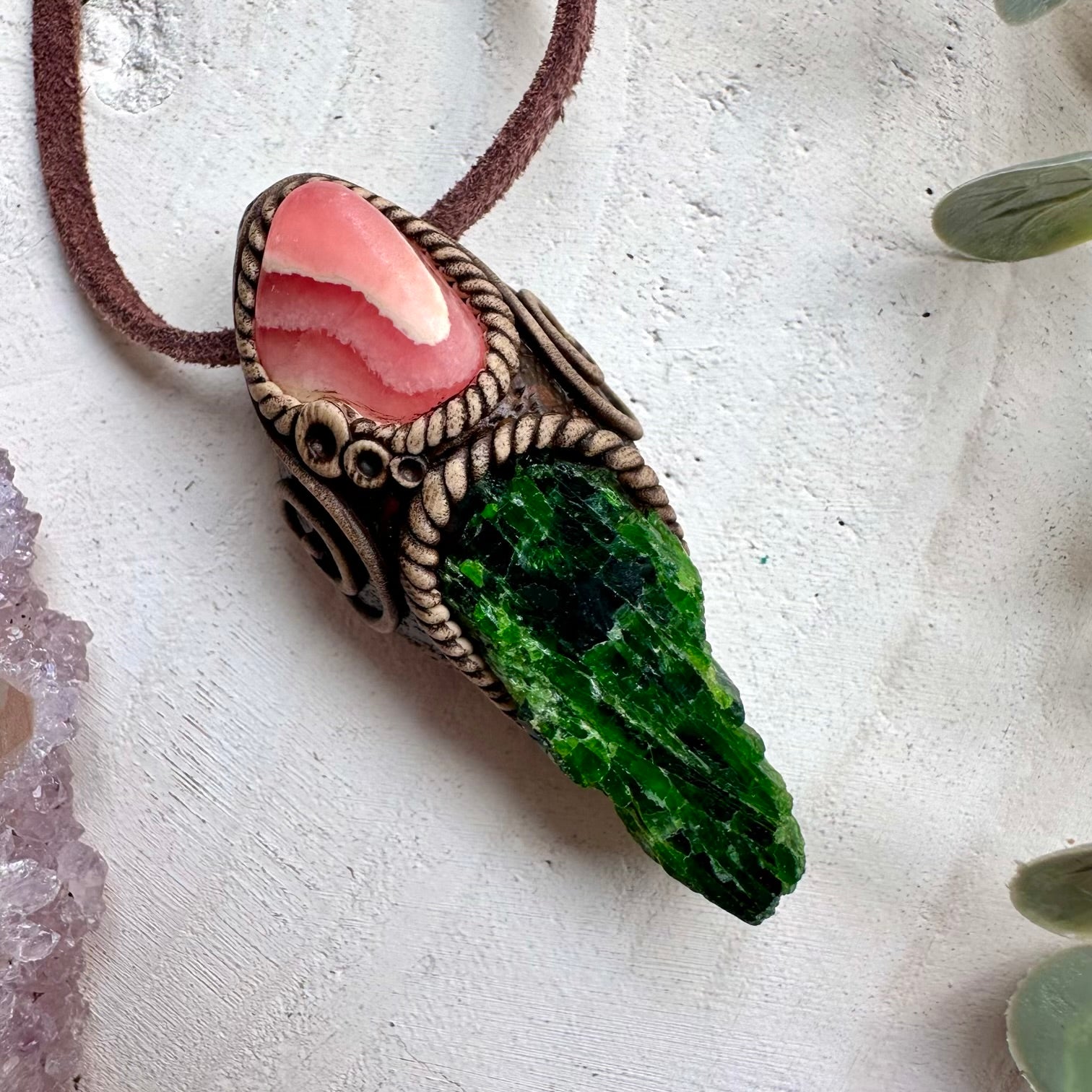 Spiritual jewelry combining rhodochrosite and chrome diopside