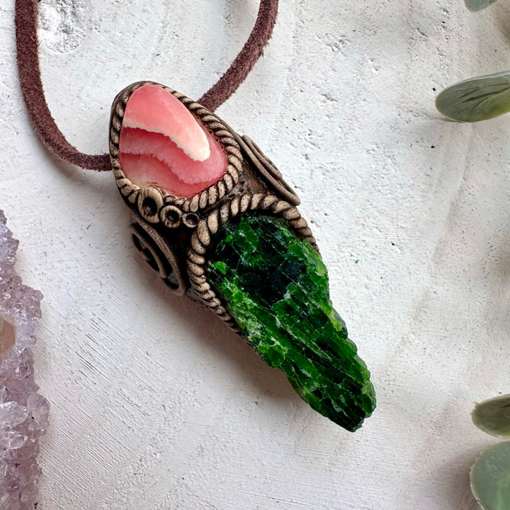 Spiritual jewelry combining rhodochrosite and chrome diopside