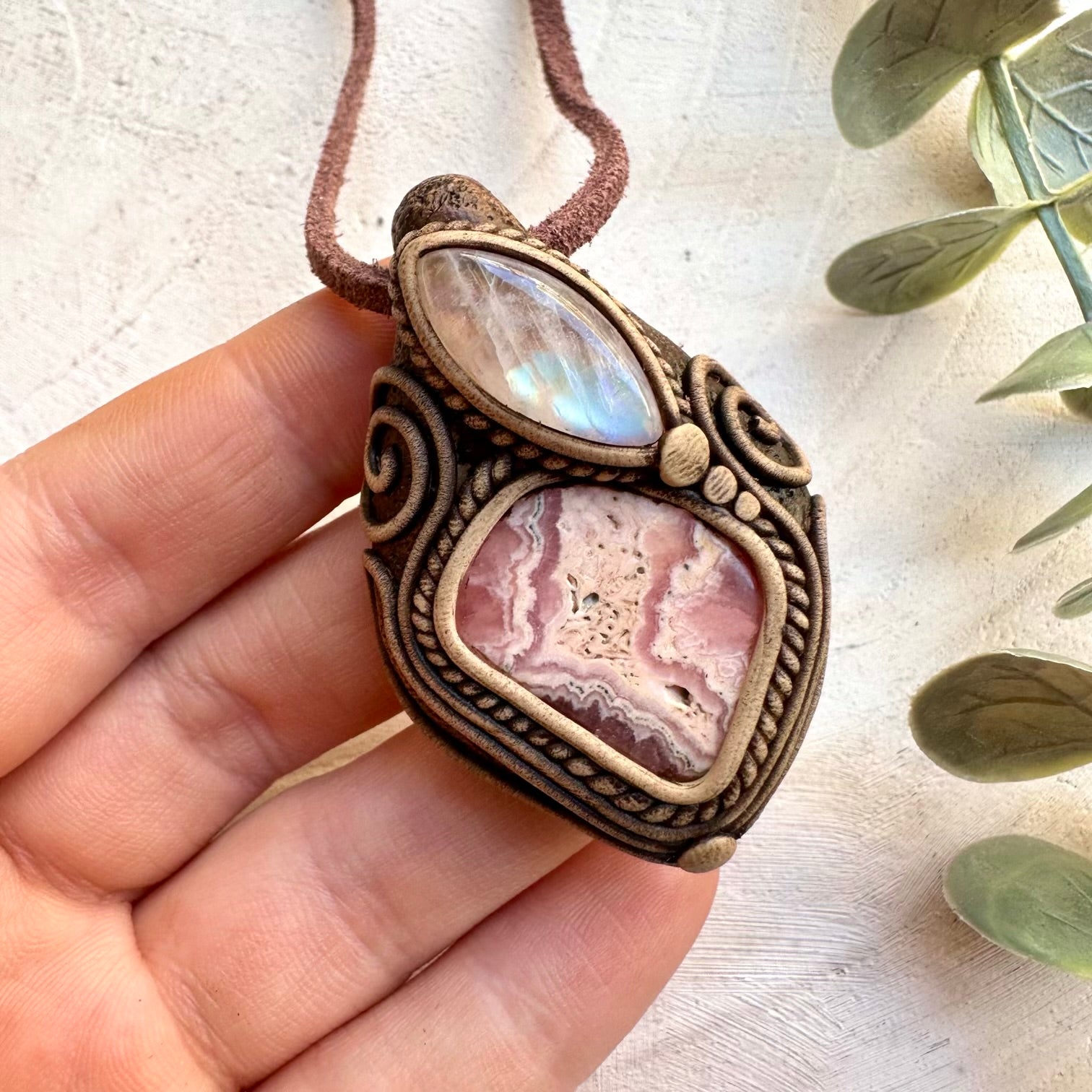 Healing crystal pendant with rhodochrosite and moonstone
