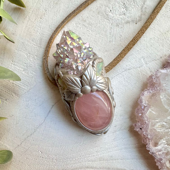 Spiritual pendant featuring angel aura spirit quartz and rose quartz