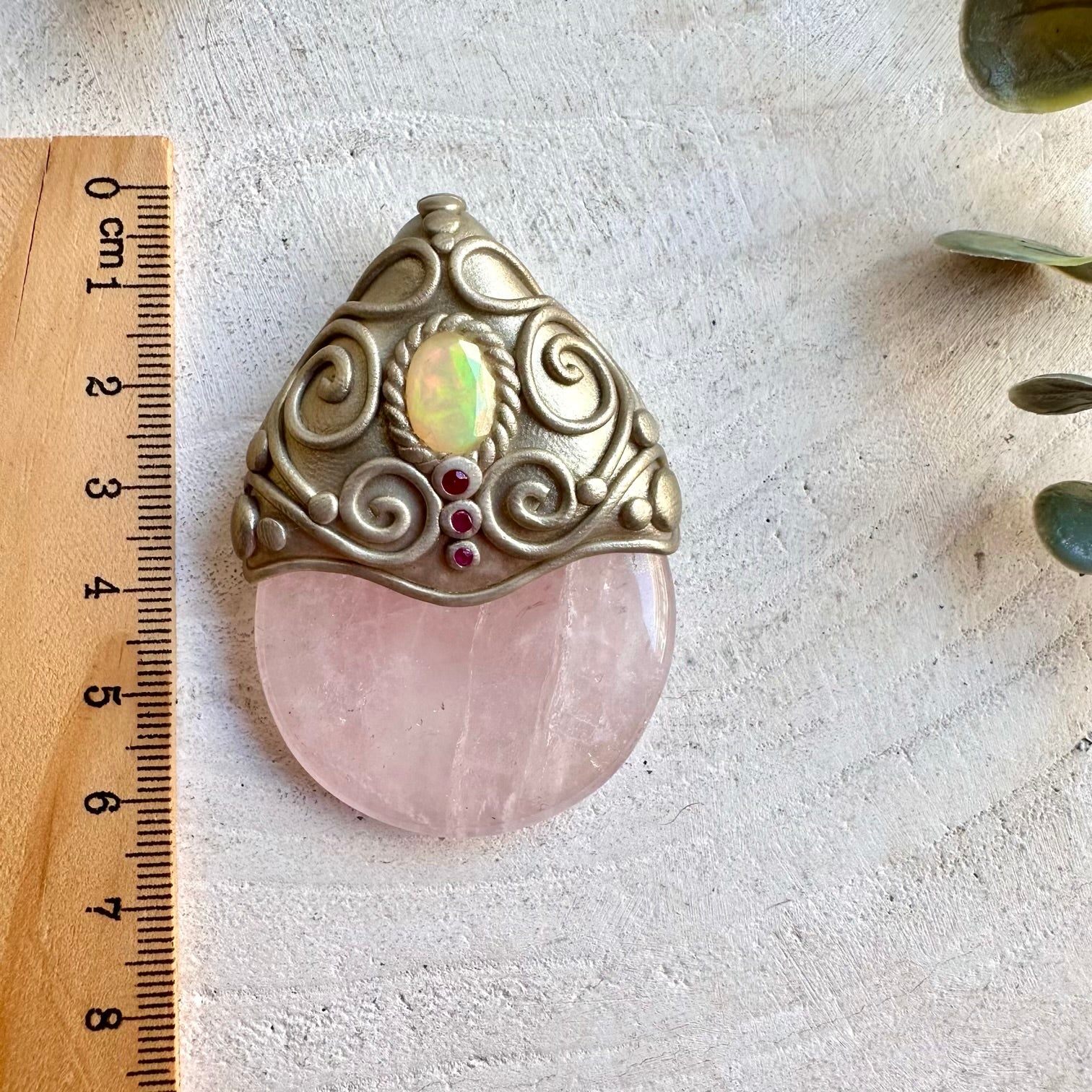 Handmade pendant necklace featuring Rose Quartz, Ethiopian Opal and Ruby.