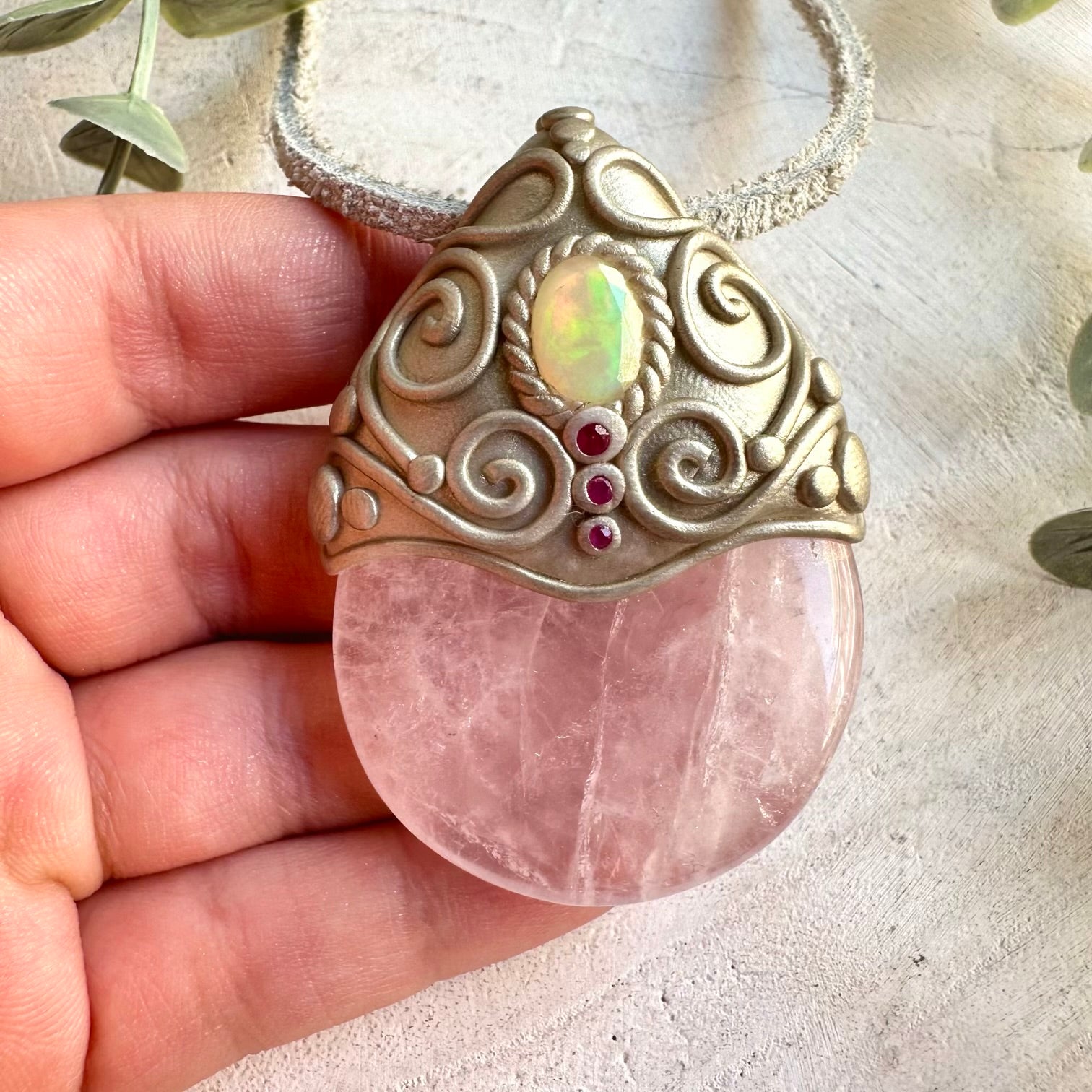 One of a kind gemstone necklace with soft pink Rose Quartz, colorful Ethiopian Opal and vibrant Ruby.