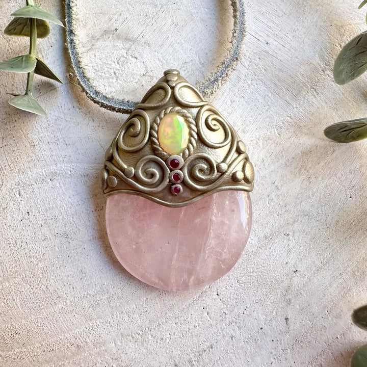 Handmade healing crystal necklace featuring Rose Quartz, Ethiopian Opal and natural Ruby.