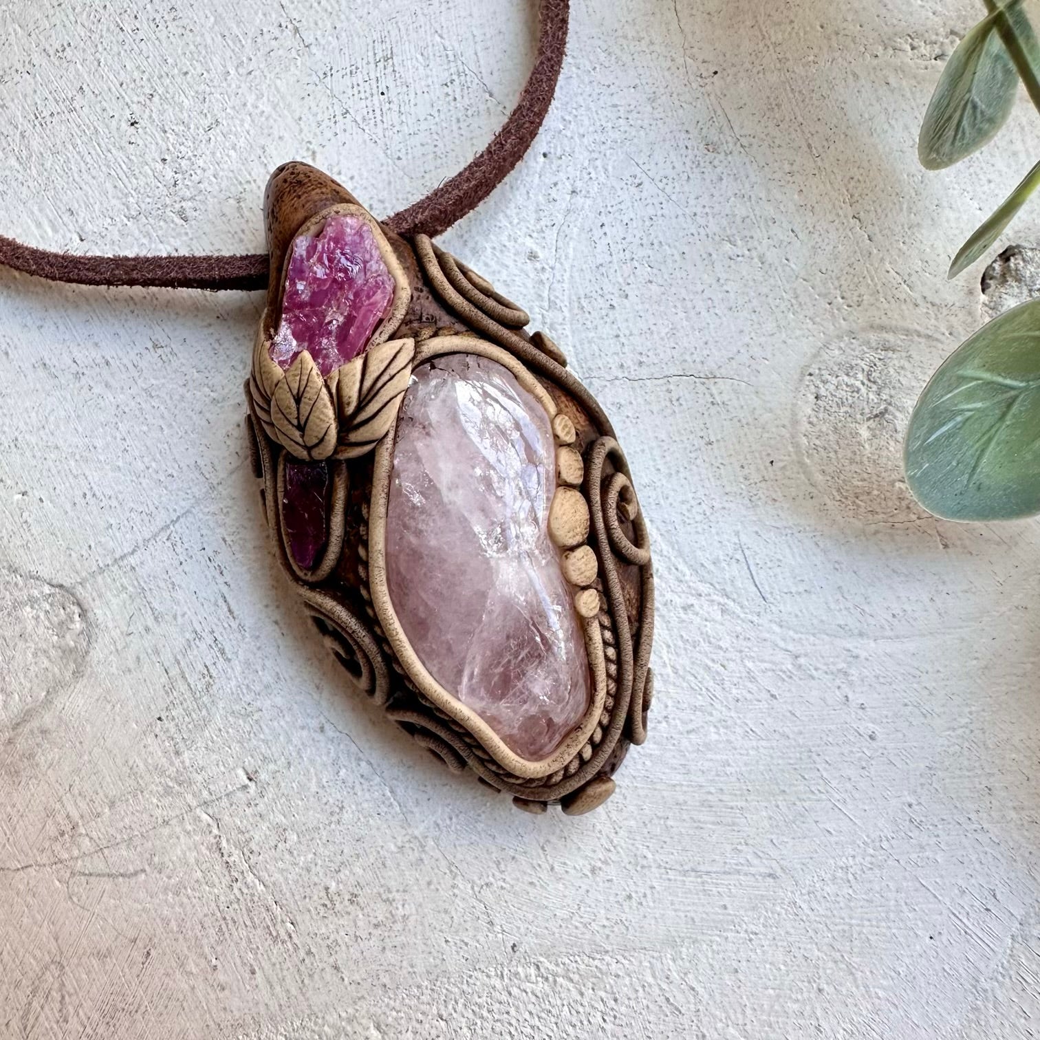 One of a kind rose quartz and garnet gemstone necklace