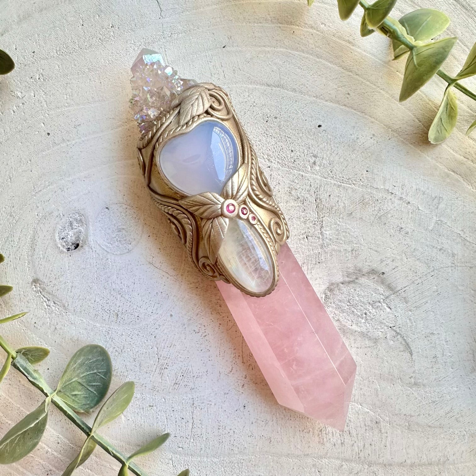 Handmade crystal wand with rose quartz and angel aura spirit quartz healing gemstones