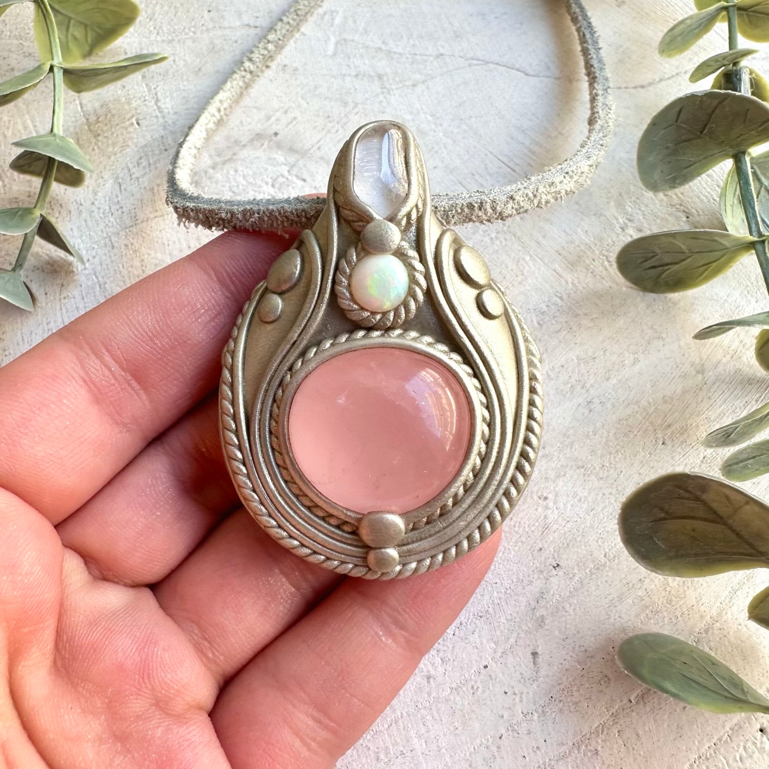 Handmade healing crystal necklace featuring Rose Quartz, Danburite and natural Ethiopian Opal.