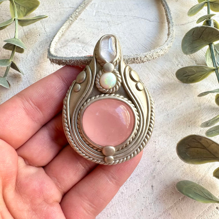 Handmade healing crystal necklace featuring Rose Quartz, Danburite and natural Ethiopian Opal.