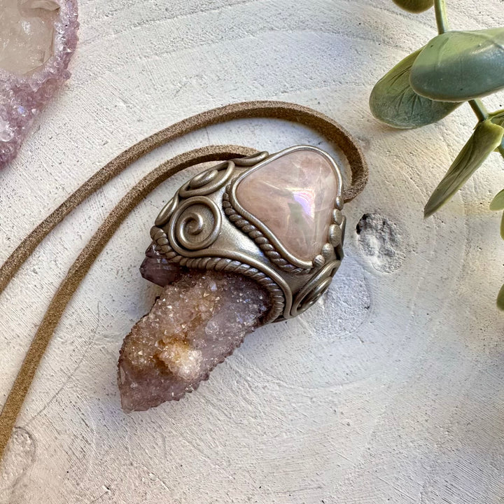 One of a kind rose quartz and spirit quartz gemstone necklace
