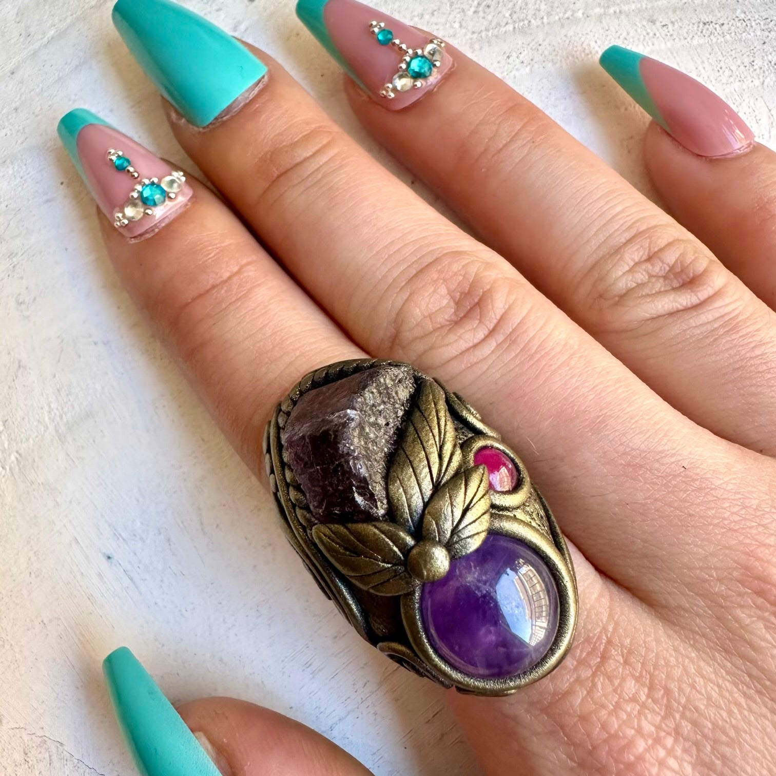 Handmade ring with scapolite amethyst and rhodolite garnet gemstones