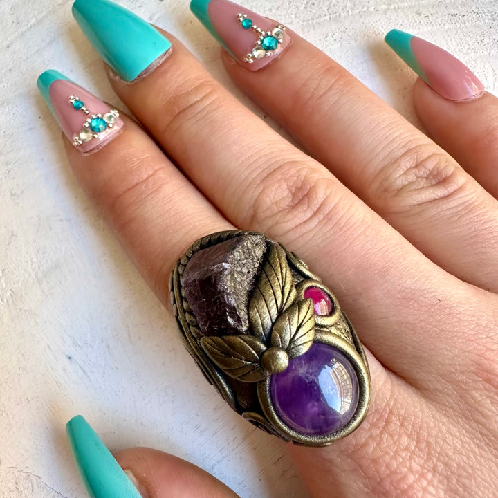 Handmade ring with scapolite amethyst and rhodolite garnet gemstones