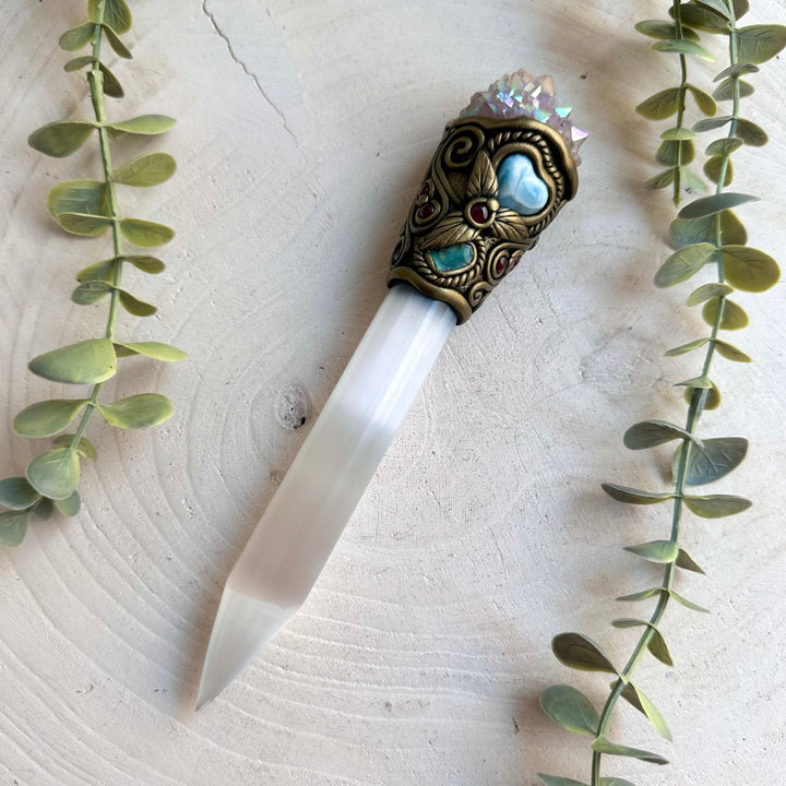 Selenite crystal wand with Angel Aura Spirit Quartz, Ethiopian Opal, Larimar Heart and Rhodolite Garnet, handcrafted as an energy healing tool.