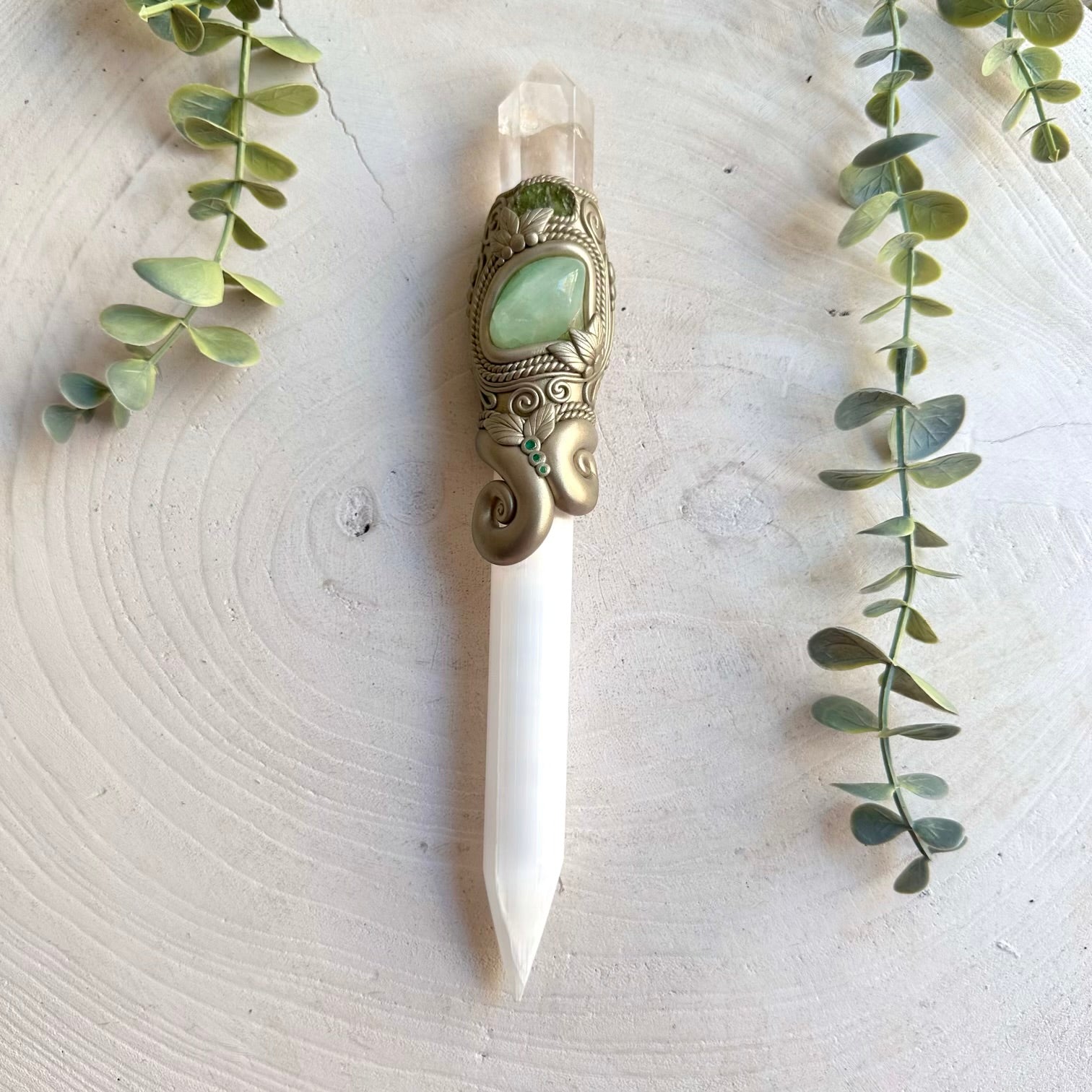 Handmade Selenite Crystal Wand adorned with Clear Quartz, Prehnite, Moldavite and Emerald, a one of a kind healing crystal wand created for meditation, energy work, spiritual rituals and intention setting.