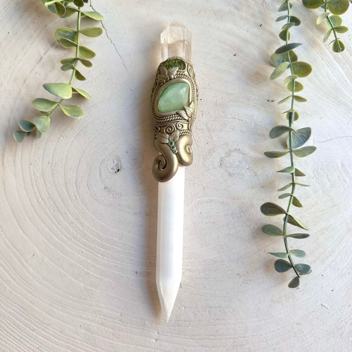 Handmade Selenite Crystal Wand adorned with Clear Quartz, Prehnite, Moldavite and Emerald, a one of a kind healing crystal wand created for meditation, energy work, spiritual rituals and intention setting.