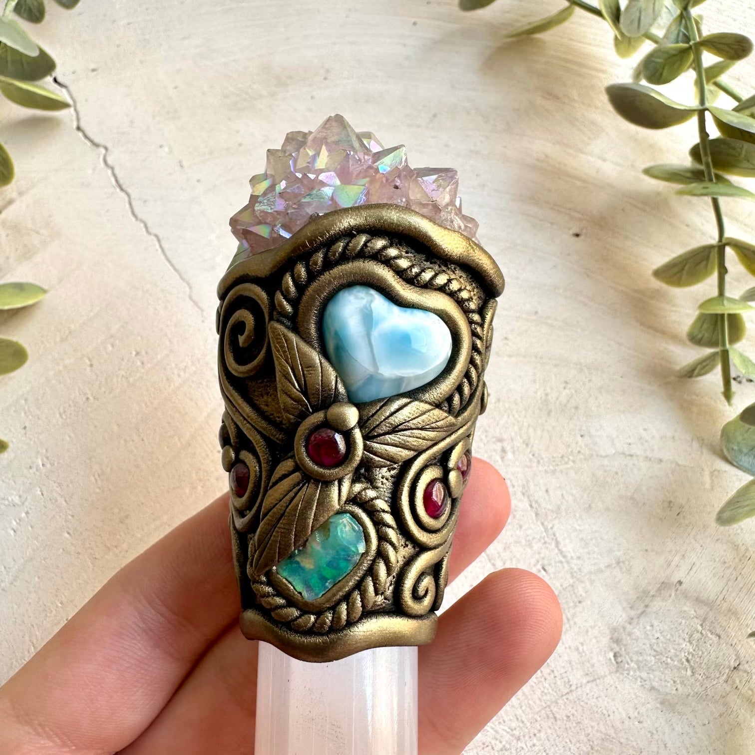 Handmade spiritual energy tool crafted with Selenite, Angel Aura Spirit Quartz and colorful natural gemstones.