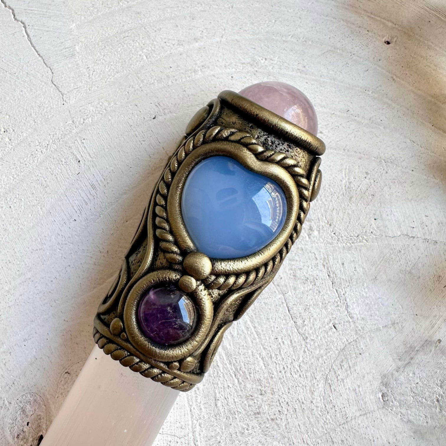 Handmade spiritual energy tool crafted with Selenite, Rose Quartz, Blue Chalcedony and Amethyst.