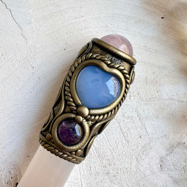Handmade spiritual energy tool crafted with Selenite, Rose Quartz, Blue Chalcedony and Amethyst.