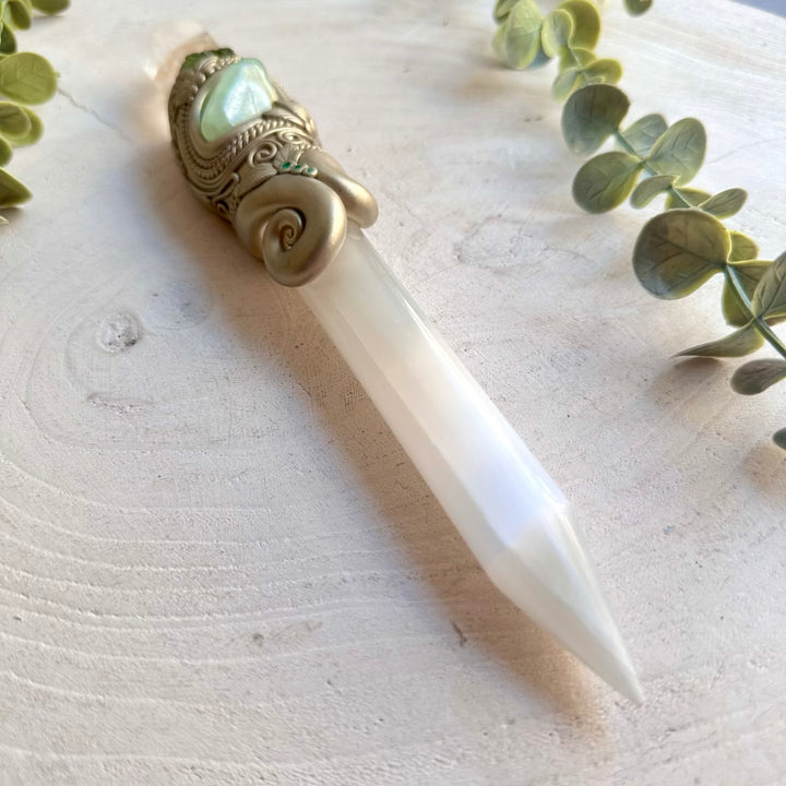 Unique spiritual crystal wand combining Selenite with Clear Quartz, Prehnite, Moldavite and Emerald.