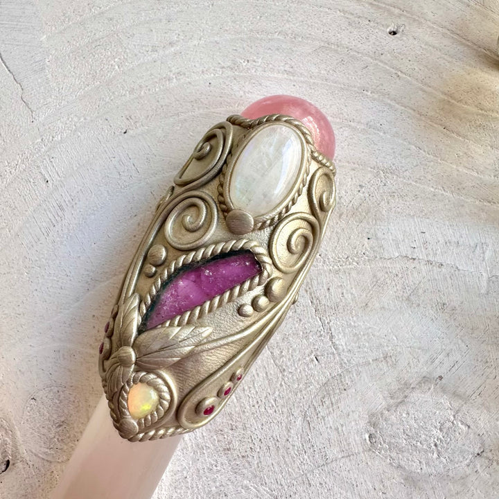 Selenite Crystal Wand with Rose Quartz, Moonstone, Watermelon Tourmaline, Ethiopian Opal and Ruby, handmade healing crystal tool.