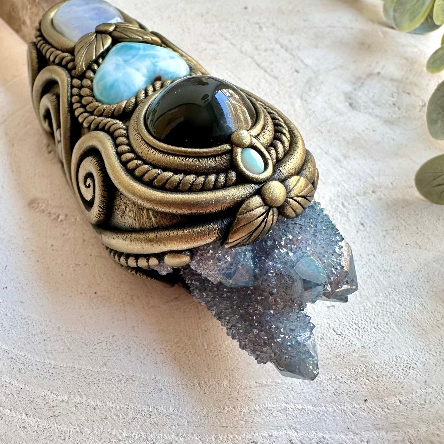 Natural crystal wand handcrafted with Aqua Aura Spirit Quartz, Smoky Quartz and Larimar Heart.