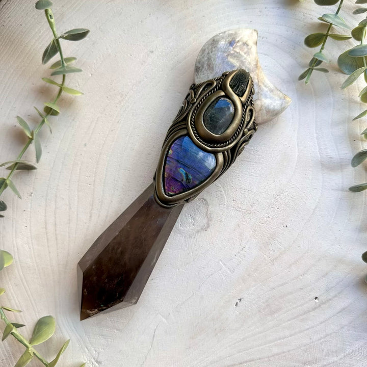 Ritual crystal wand with smoky quartz and clear topaz