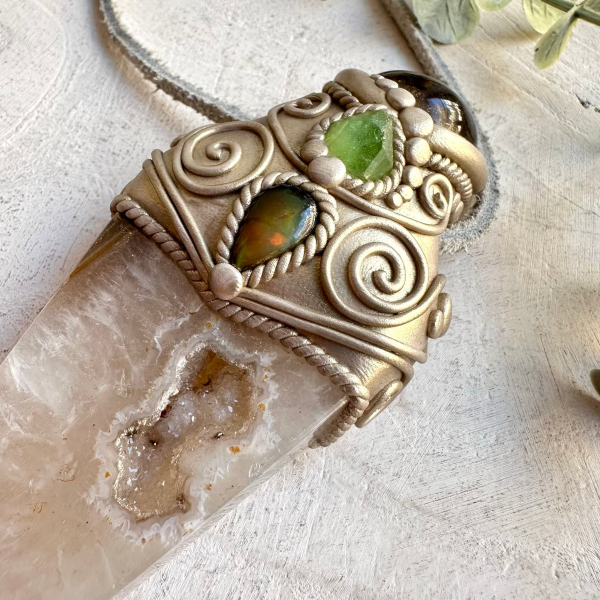 Agate Point with Smoky Quartz, Raw Peridot and Black Ethiopian Opal wand pendant necklace, handcrafted as unique spiritual crystal jewelry.