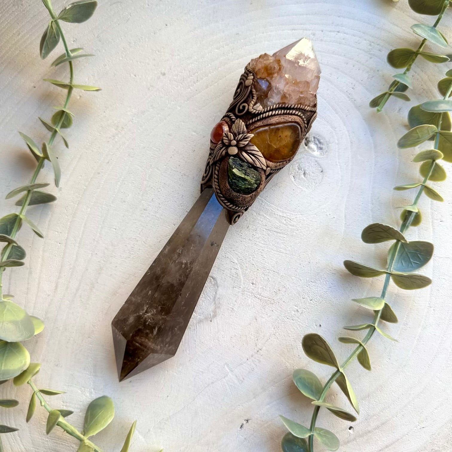 Ritual crystal wand with smoky quartz and sunstone
