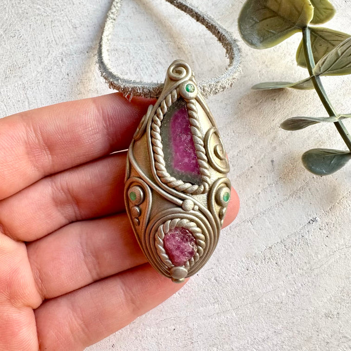 Artisan necklace showcasing pink and green Watermelon Tourmaline with Raw Spinel and Emerald.