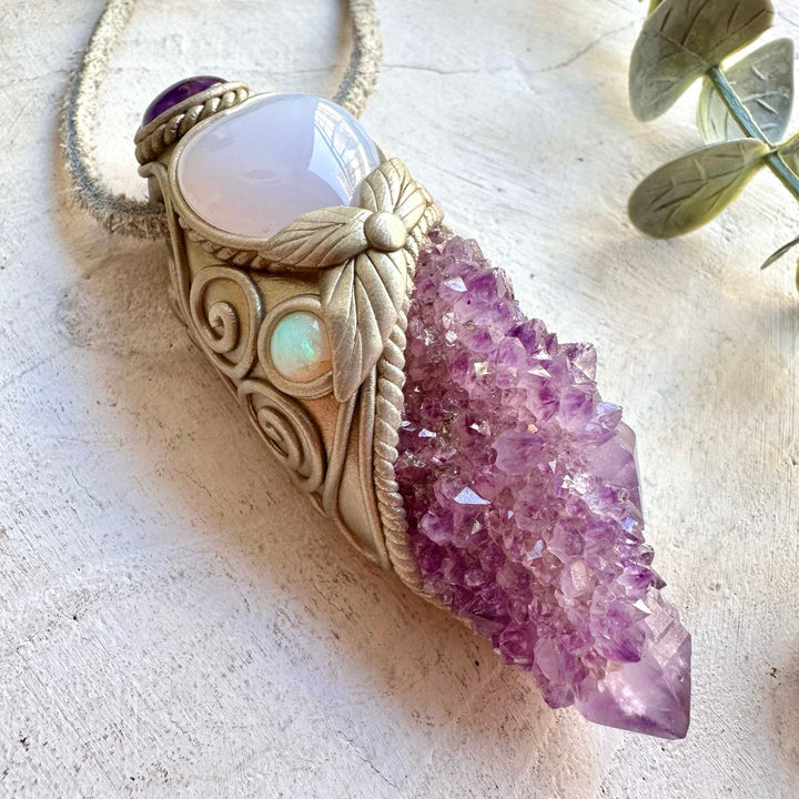 Handmade energy healing tool crafted with Spirit Quartz, Blue Chalcedony and natural gemstones.