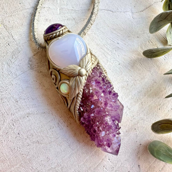 Natural gemstone crystal wand handcrafted with Spirit Quartz, Amethyst and Ethiopian Opal.