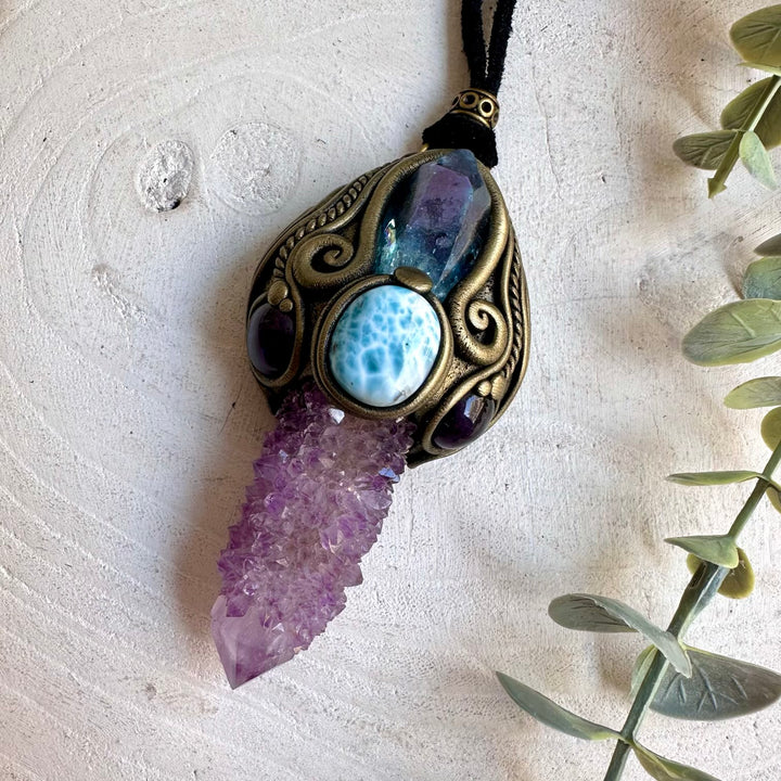 Unique healing wand pendant featuring a Spirit Quartz cluster with shimmering Aqua Aura Quartz.